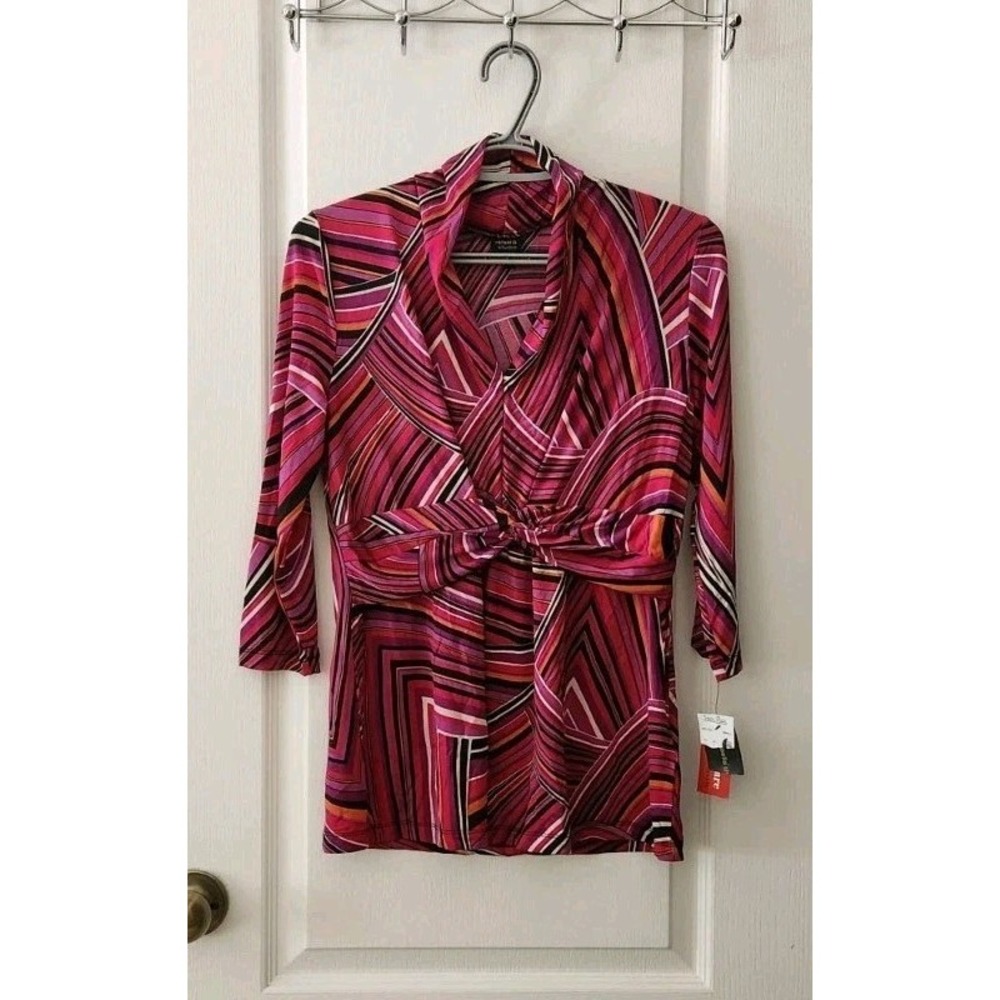 Rafaella Studio Womens Collared V-Neck 3/4 Sleeve knot detail at the waist Sz S‎